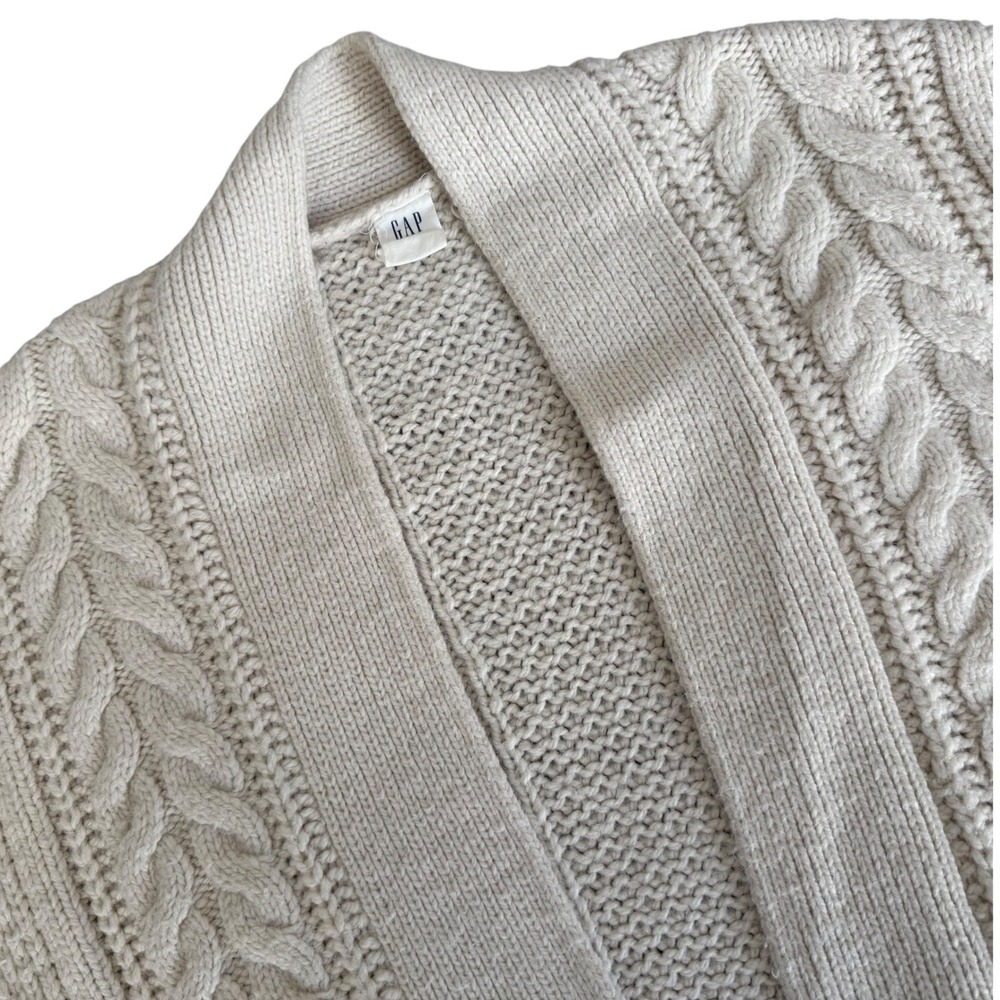 GAP Chunky Cable Knit‎ Open Front Fisherman Cardigan Sweater Cream Size M Wool
